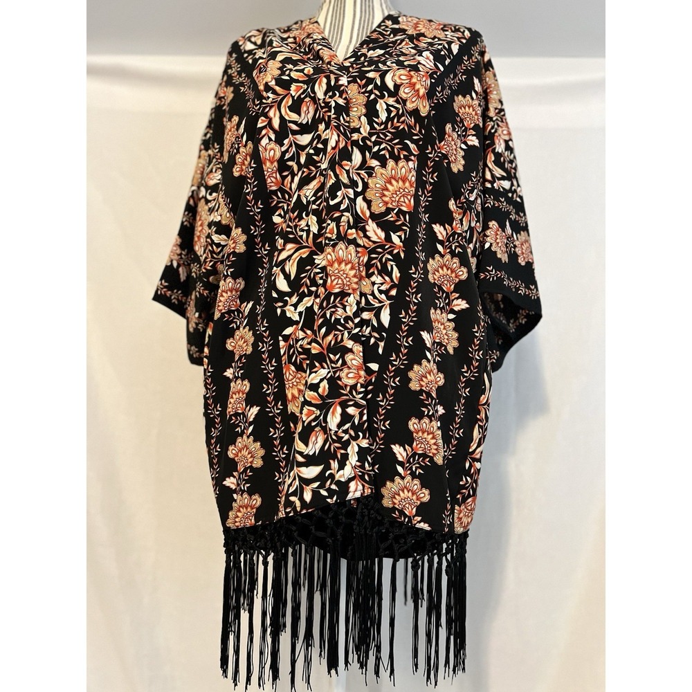 Vintage Ruby Rd. Kimono Womens M Floral Lace Fringe Macrame Boho Open Duster